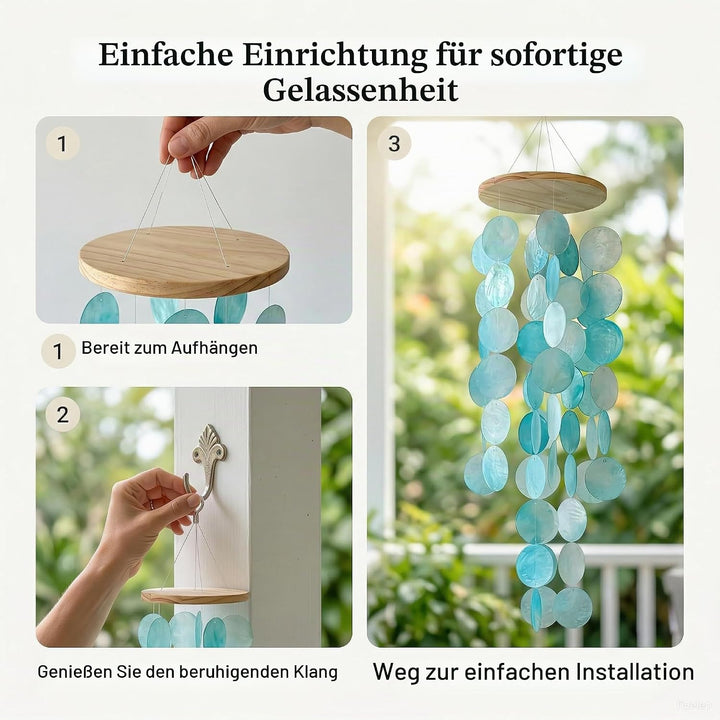 Muschel Windspiel aus echten Capiz Muscheln, Boho Deko Hängend für Balkon Garten Terrasse, 45 cm Win