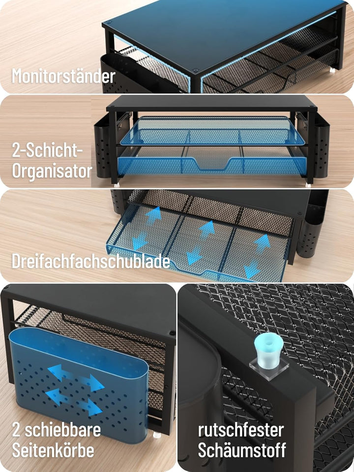 Monitor Ständer mit 2 Ebenen,Druckerständer, Monitorständer mit Gitterplattform, Schublade und Stift