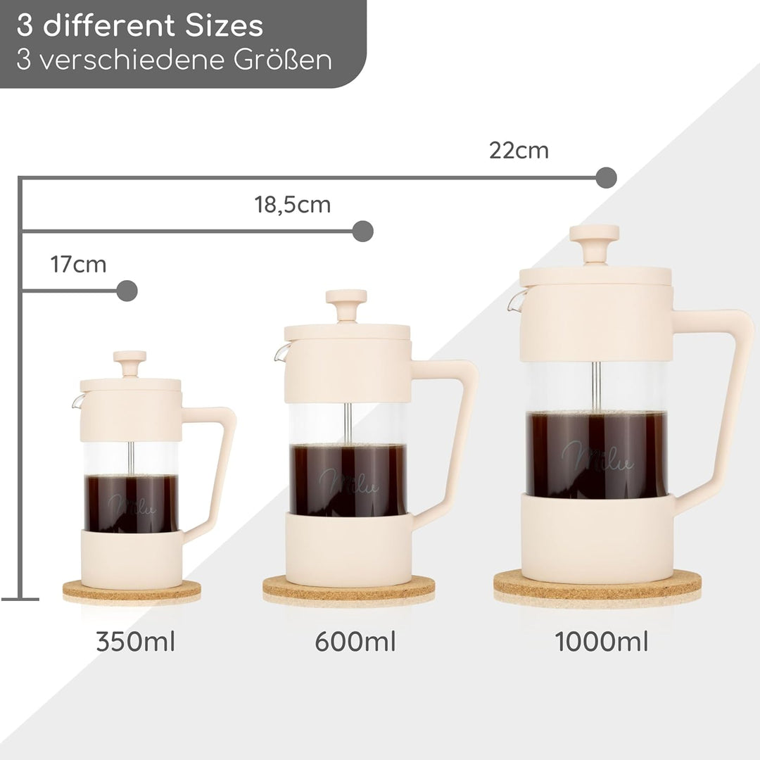 Milu French Press Kaffeebereiter | 350ml, 600ml, 1L | Glas Kaffeepresse, Kaffeezubereiter für Zuhaus