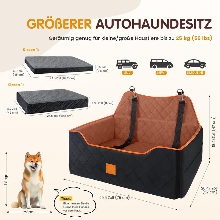 Hunde-Autositz für Hunde unter 25 kg oder 2 kleine Hunde, Sicherheits-Memory-Schaum-Autositz mit 2 K