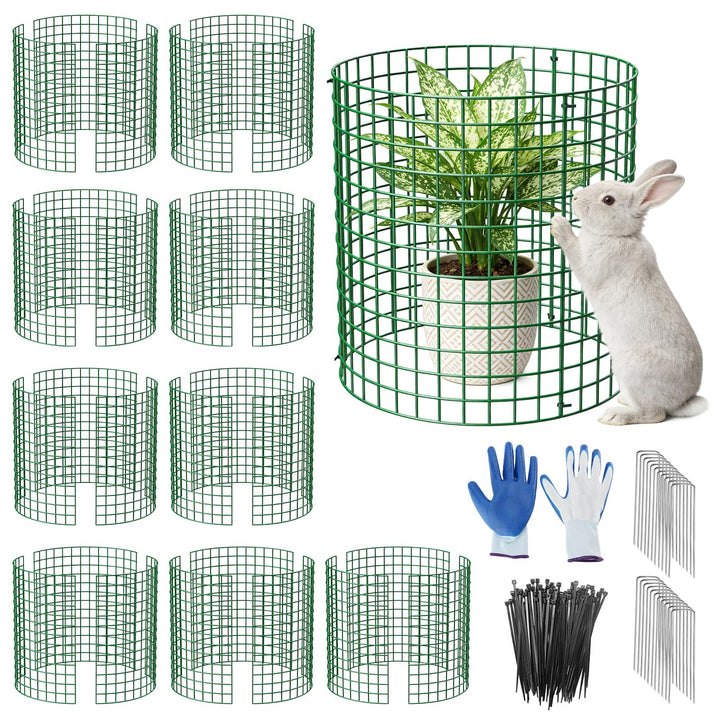 10er Set Pflanzen Schutzgitter, 33cm Hohes Grünes Metall Pflanzenschutzkäfig mit Handschuhen, Kabelb