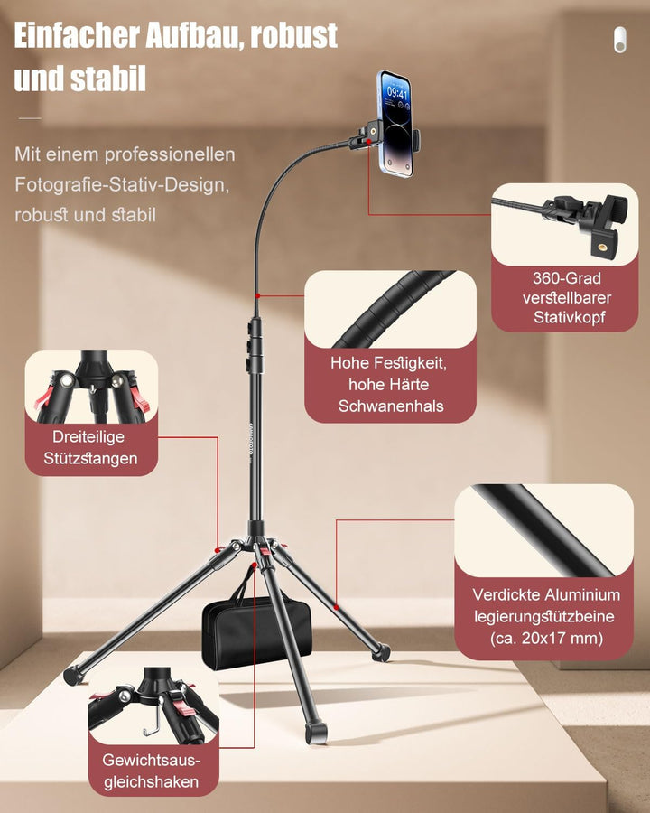 CAMBOFOTO 220cm Handy Stativ für Smartphone, 40cm Schwanenhals und Einstellbarer 360°-Kopf, Selfie S