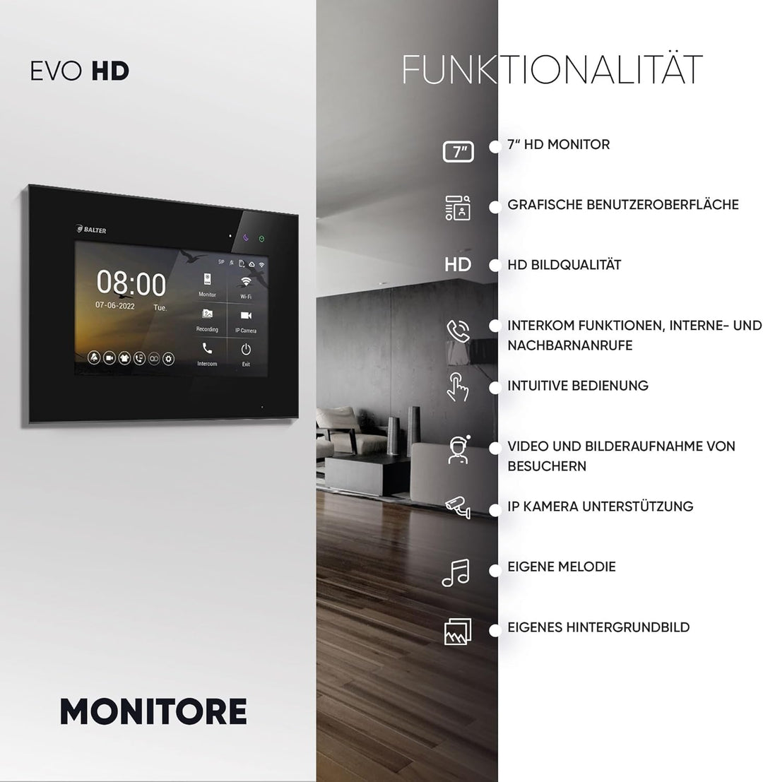 Balter EVO-HD Video Türsprechanlage, Video Türklingel mit Kamera, 1 Familienhaus Klingel, 1x 7 Zoll