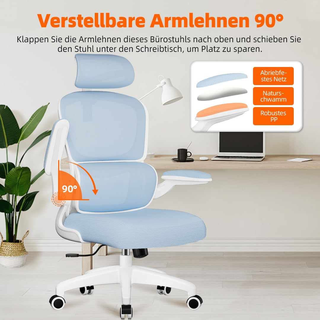 Aiidoits Bürostuhl, Ergonomischer Bürostuhl mit Klappbaren Armlehnen, Verstellbarer Kopfstütze und L