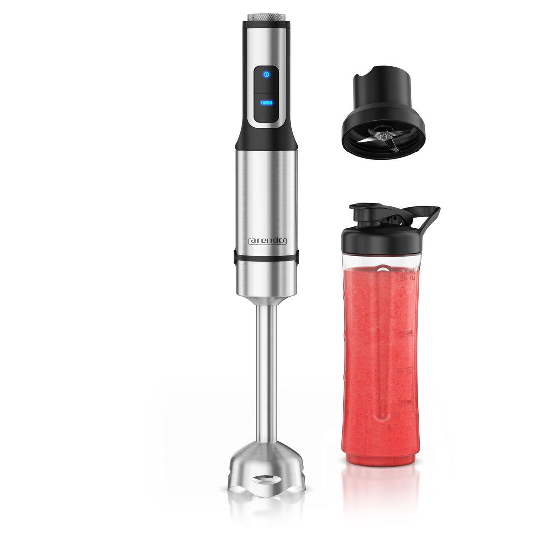 Arendo - Edelstahl Stabmixer 1500 Watt – mini Standmixer mit Trinkflasche Deckel und Messereinheit -
