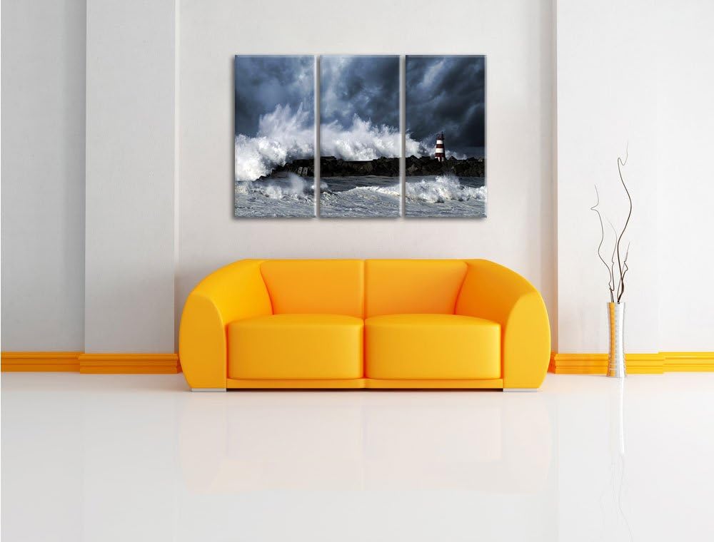 Pixxprint Tobendes Meer mit Leuchtturm als Leinwandbild/Grösse: 3 Teilig (120x80) cm/Wandbild/Kunstd