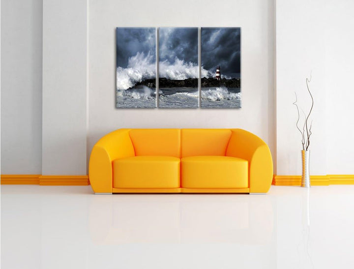 Pixxprint Tobendes Meer mit Leuchtturm als Leinwandbild/Grösse: 3 Teilig (120x80) cm/Wandbild/Kunstd