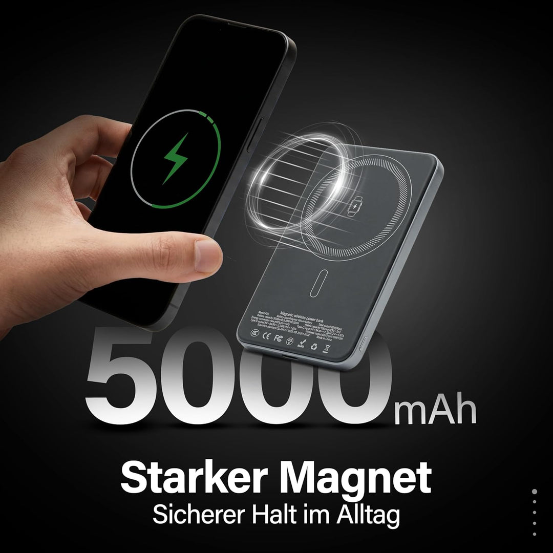 Magnetische Powerbank, Wireless & USB-C, 5000mAh, 15W/20W Schnellladung, Ultra Slim 7,8mm, kompatibe