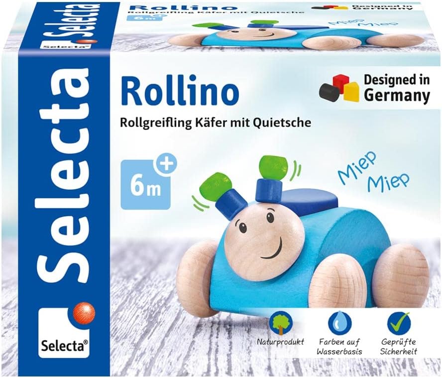 Rollino, 61073 blau, Greifling mit Quietsche aus Holz, 7,5 cm ,