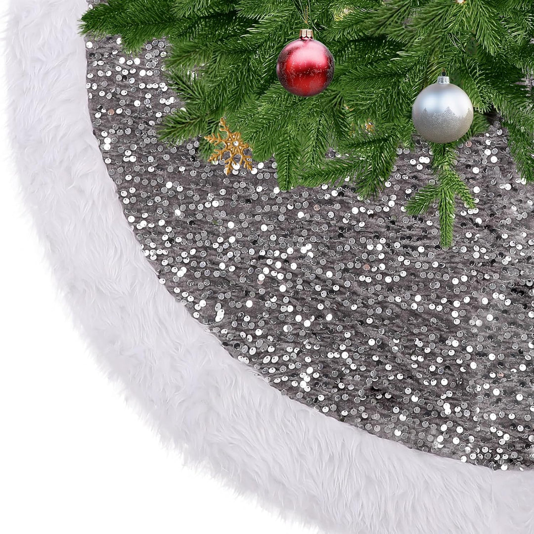 KONVINIT Grau Weihnachtsbaumdecke Rund Pailletten Christbaumdecke Luxus Weihnachtsbaumrock Weihnacht