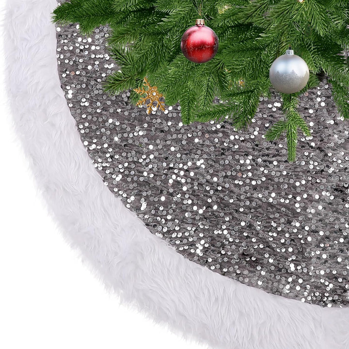 KONVINIT Grau Weihnachtsbaumdecke Rund Pailletten Christbaumdecke Luxus Weihnachtsbaumrock Weihnacht