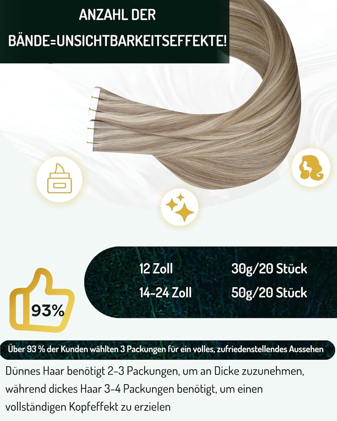 RUNATURE Tape in Extensions Echthaar 50cm 50g 20pcs Extension Echthaar Tapes Seamless Aschblond mit