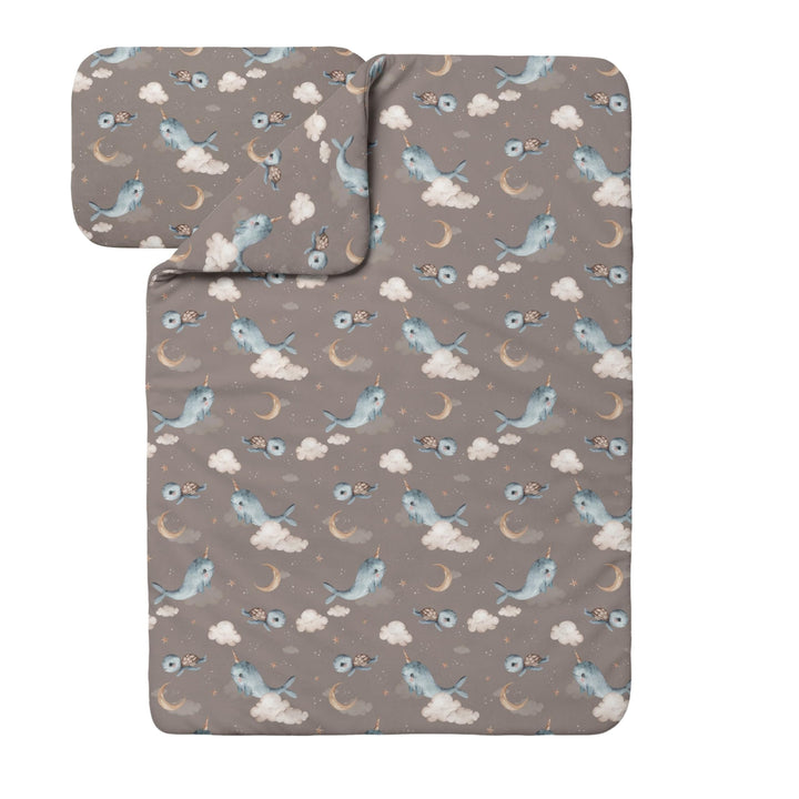 Waldin Baby Kinder Bettwäscheset 100% Bambus, ohne Bezug, Hypoallergen, Decke und Kissen, Wale/Braun
