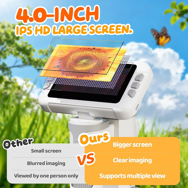 1600X Mikroskop für Kinder, 4K 4,0" IPS-Bildschirm Kinder Mikroskop mit Foto-und Videoaufnahme, Wiss