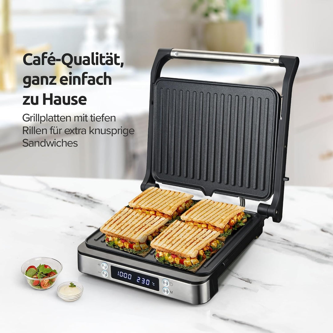 Olvy Sandwichmaker XXL, Digitaler Kontaktgrill mit Antihaftplatten, 3-in-1 Panini Maker, 180° offene