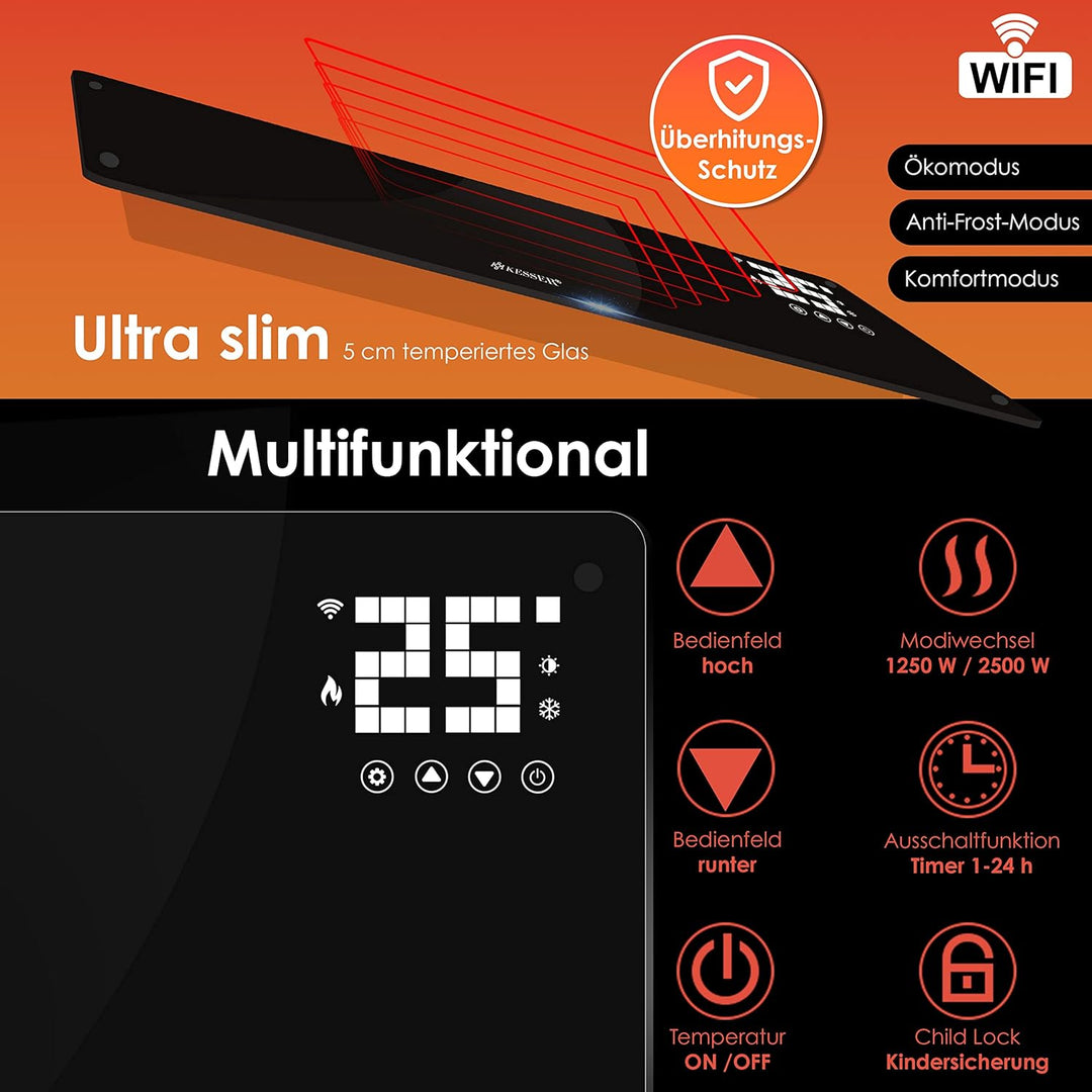 KESSER® Glaskonvektor Glasheizung Elektroheizkörper APP WiFi Funktion Inkl. Fernbedienung Elektrohei