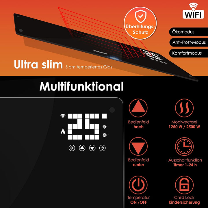 KESSER® Glaskonvektor Glasheizung Elektroheizkörper APP WiFi Funktion Inkl. Fernbedienung Elektrohei