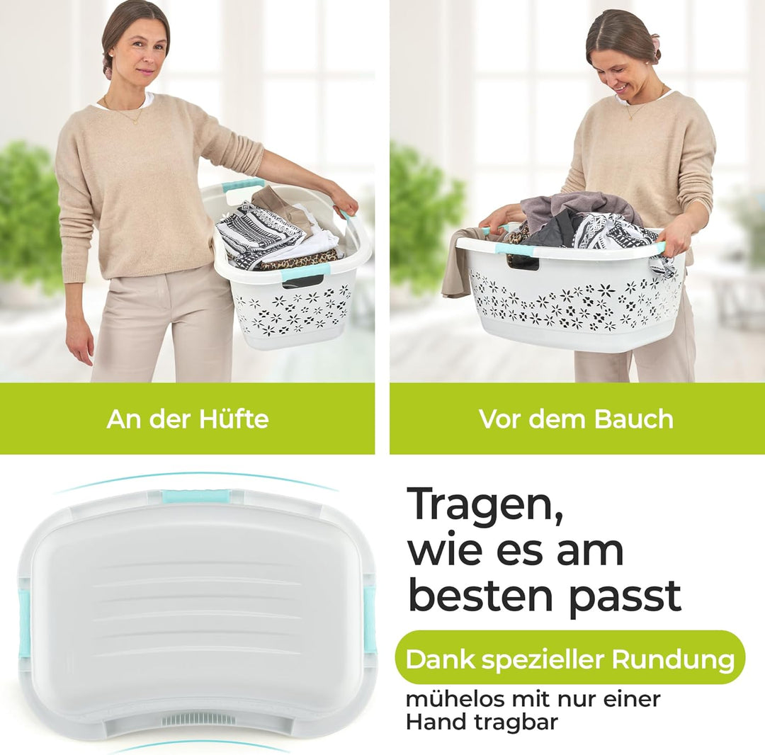 Premium Wäschekorb 50 L ergonomische Form - Soft-Touch-Griffe - grosser Korb wasserblau, Wasserblau