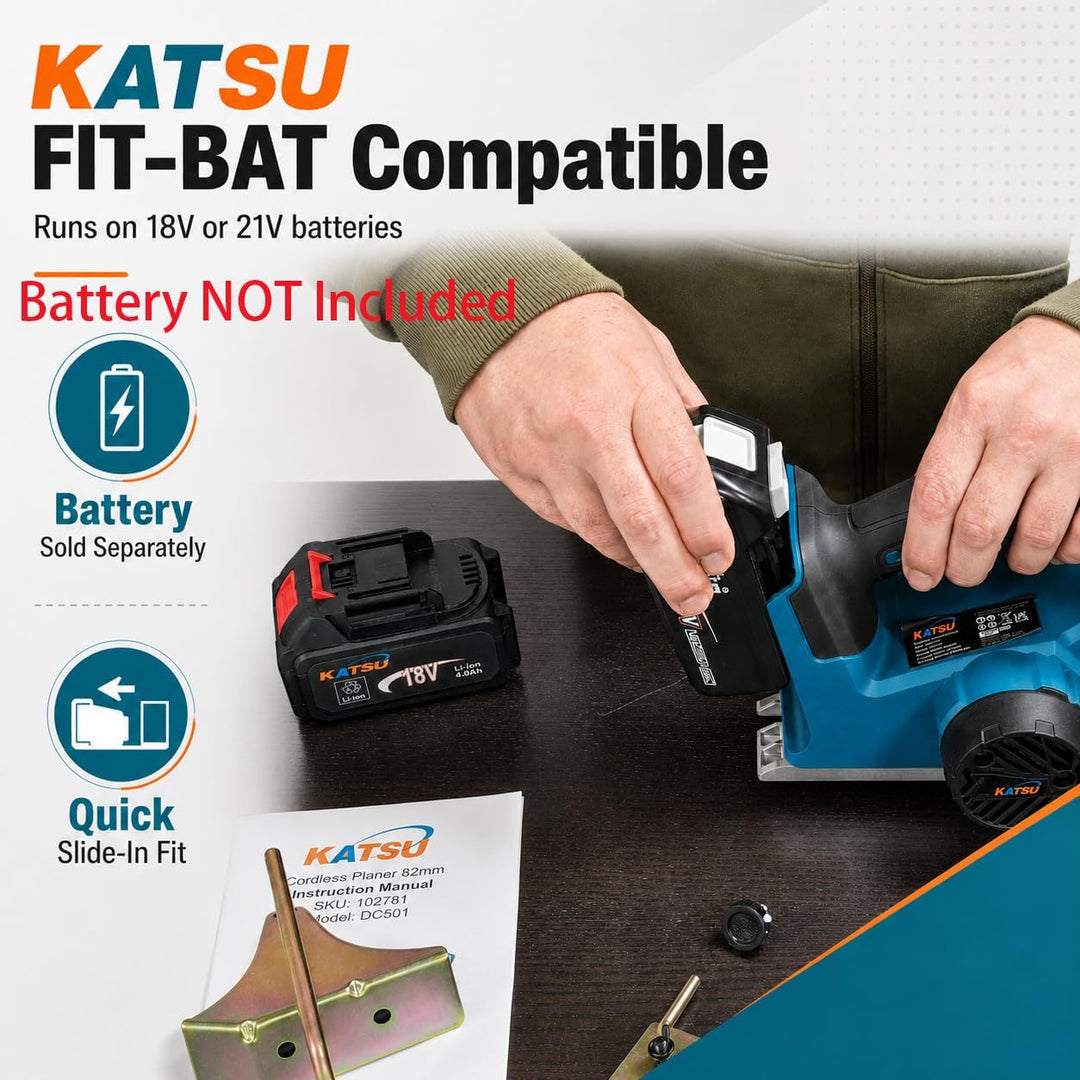 KATSU FIT-BAT 21V Akku Hobel, Elektrischer Handhobel mit 82mm Hobelbreite, bis 2mm Spantiefe, 15000R