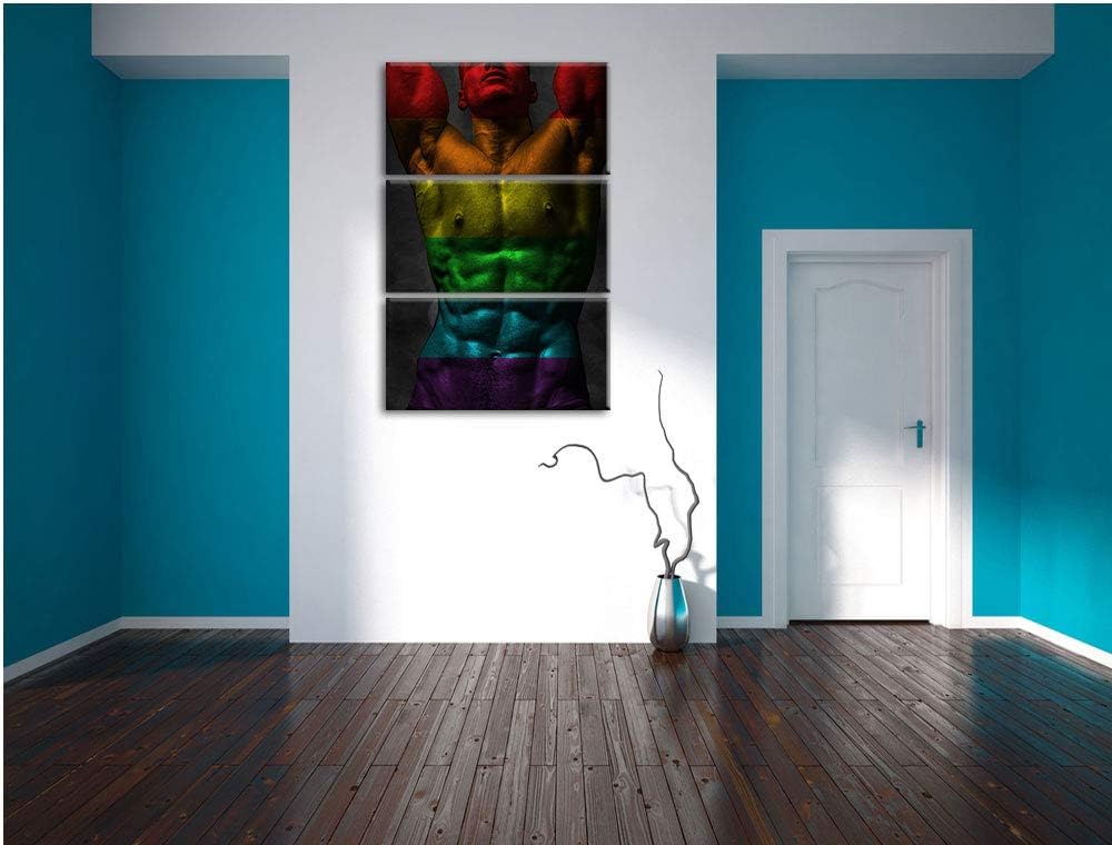 Pixxprint Sixpack Body Mann Regenbogen 3-Teiler Leinwandbild 120x80 Bild auf Leinwand