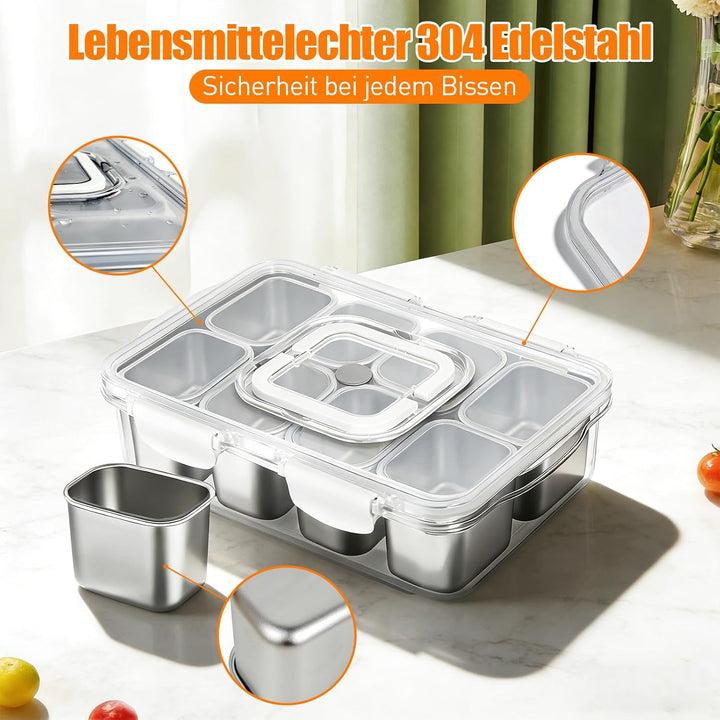 Snackbox mit 8 Edelstahl Fächern Tragbar Snack Aufbewahrungsbox mit Deckel und Griff, Auslaufsichere