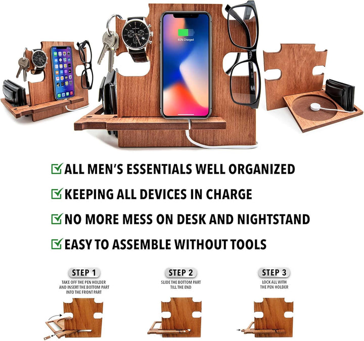 Dockingstation aus Holz, Idee für Männer, Smartphone-Ständer - Nachttischhalter für Ihn, Desk Organi