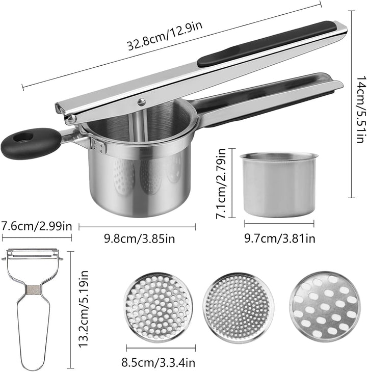 Kartoffelpresse, hicoosee Zunahme Verdicken Edelstahl Kartoffelpressen mit Schäler, 3 Lochscheiben M