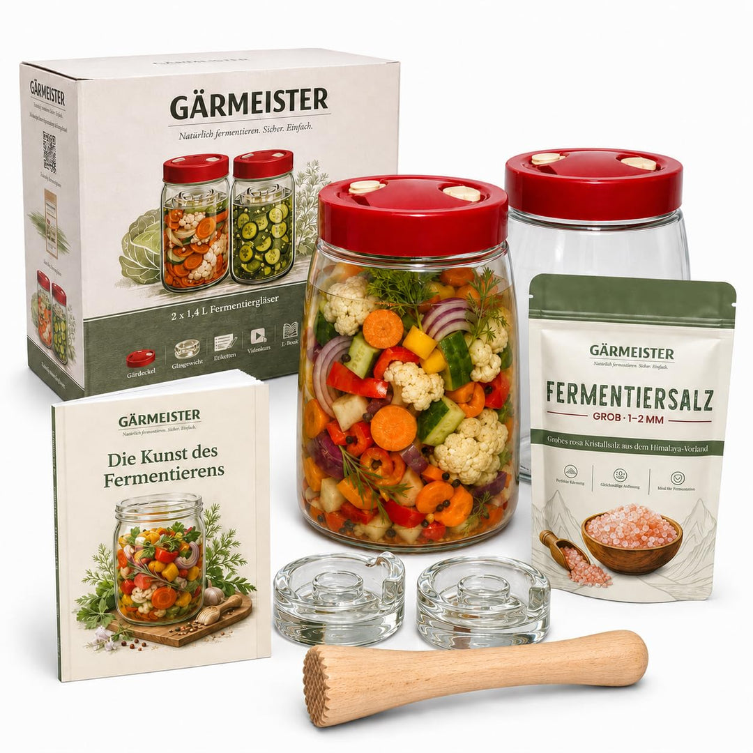 GÄRMEISTER Premium Fermentierglas Set 2er je 1,4 L mit Gärdeckel, Glasgewichten, Holzstössel, 100 g