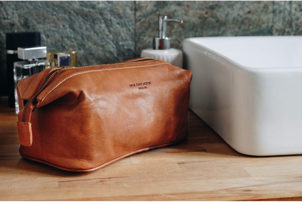 HOLZRICHTER Berlin Kulturbeutel No 5-1 (M) Cognac - Grosse, hochwertige Kulturtasche handgefertigt a