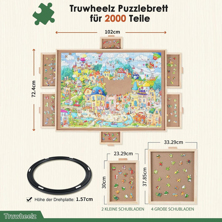 2000 Teile rotierendes Puzzlebrett mit 6 Schubladen und Abdeckung, 72,4 x 102 cm tragbarer Holzpuzzl