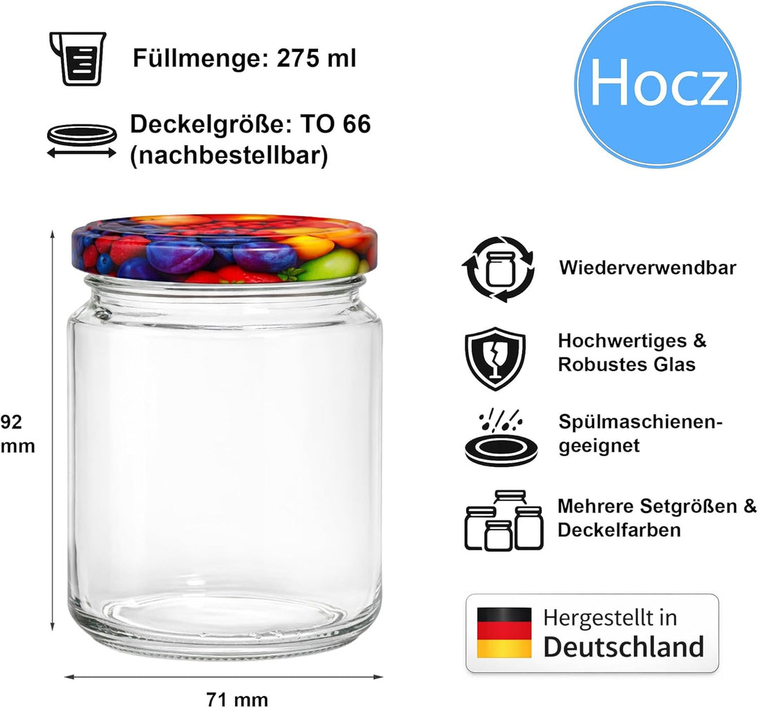 hocz 100x Marmeladengläser 275 ml | mit Deckel Obst TO 66 | Einmachgläser mit Schraubdeckel zum befü