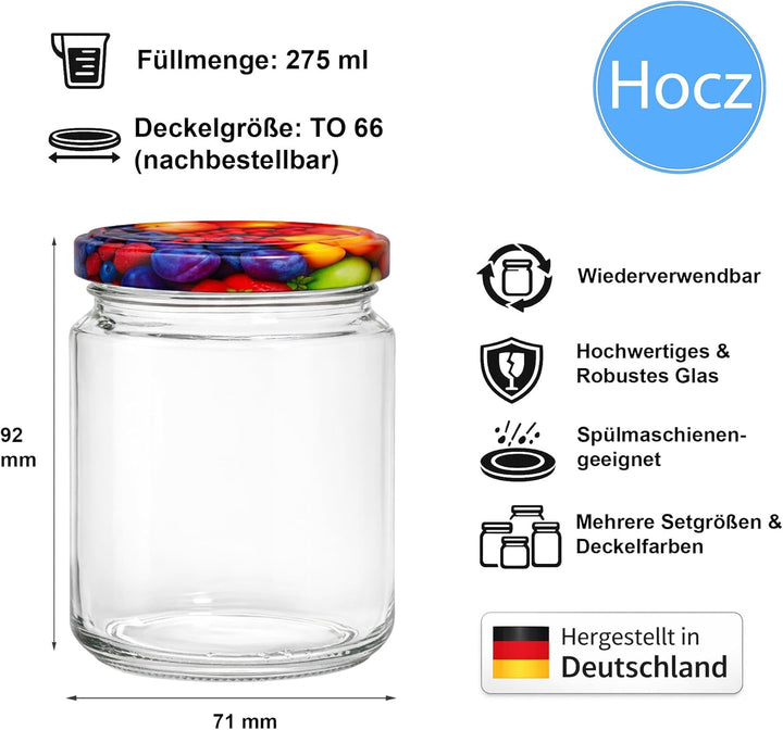 hocz 100x Marmeladengläser 275 ml | mit Deckel Obst TO 66 | Einmachgläser mit Schraubdeckel zum befü