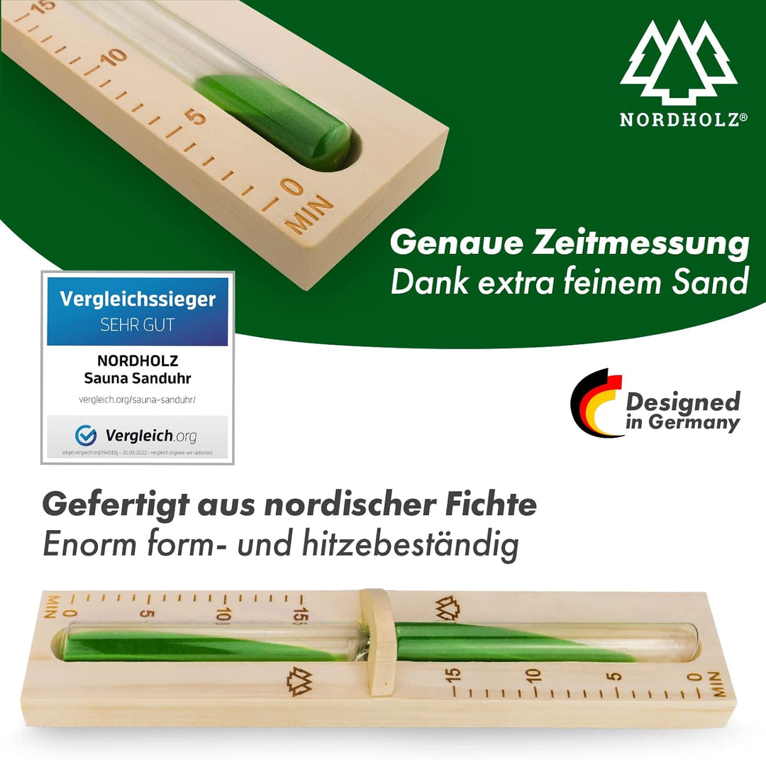 NORDHOLZ® Sauna Sanduhr 15 Minuten aus 100% nordischer Fichte - Glas robust &amp; hitzebeständig - Kontr