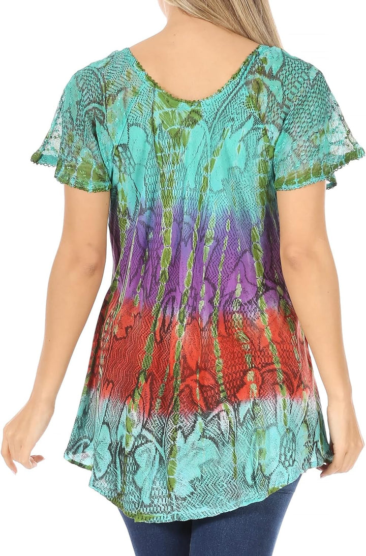 Sakkas 14783 - Dina Relaxed Fit Sequin Tie Dye Stickerei Cap Ärmel Bluse/Top Einheitsgrösse Türkis,