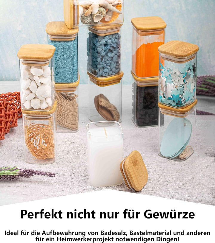 Deco haus® Gewürzgläser Eckig mit Holzdeckel 12er Set [+Gewürzetiketten] - Gewürzbehälter Glas 280ml