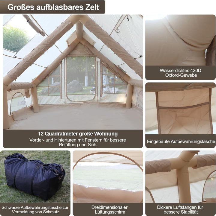 Aufblasbares Gampingzelt mit Kaminöffnung &amp; Dachfenster, Glamping Zelt für Outdoor, Aufblasbares Zel