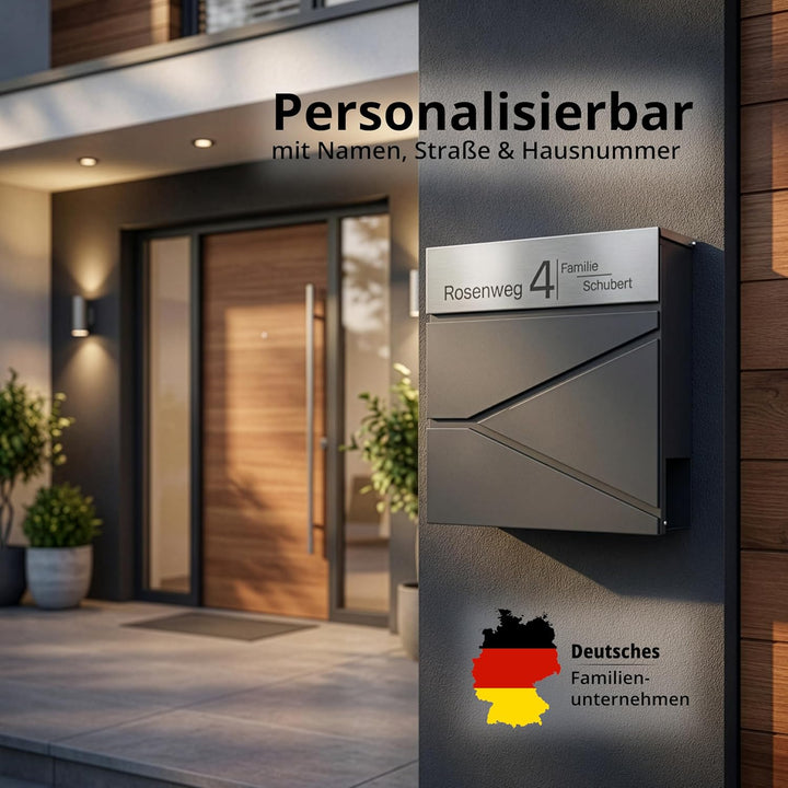 Grafner Premium Briefkasten personalisiert, RAL7016 mit Zeitungsfach und 2 Schlüssel, moderner Postk