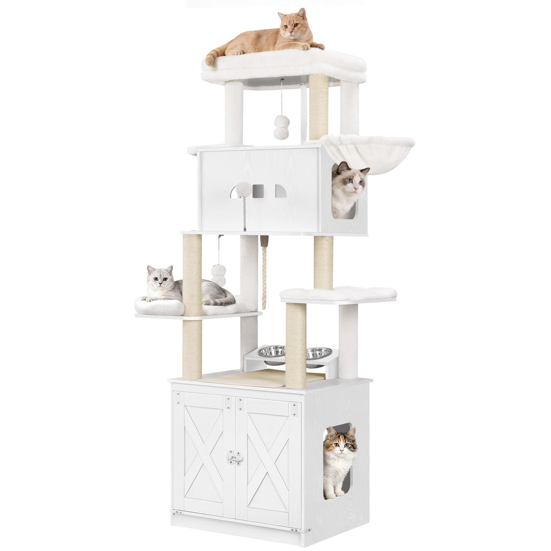 Hzuaneri Kratzbaum, Katzenbaum mit Katzenklo Schrank, Futterstation, 173 cm Hoch, mit Grosser Plattf