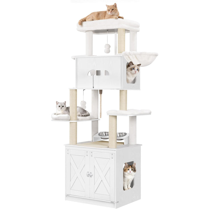 Hzuaneri Kratzbaum, Katzenbaum mit Katzenklo Schrank, Futterstation, 173 cm Hoch, mit Grosser Plattf