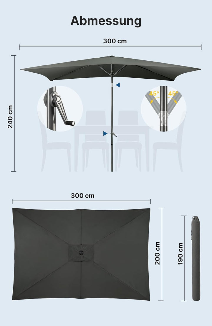 4smile Sonnenschirm Balkon mit Kurbel, Sonnenschirm rechteckig 300x200 cm | UV 50+ Sonnenschutz Balk