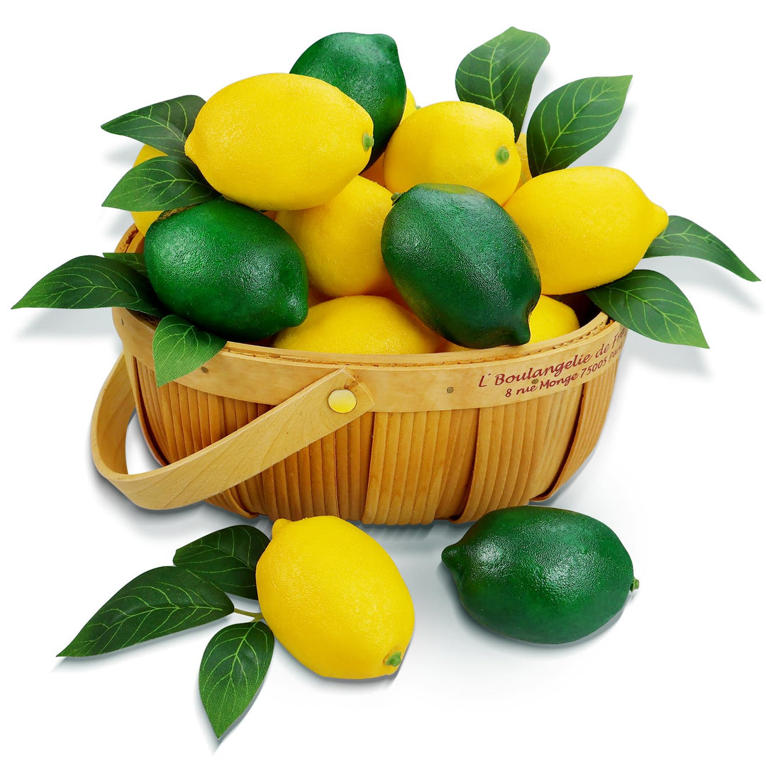 48 Pcs Fake Zitronen deko Künstliche Früchte Lemon mit Blättern, Faux gelbe Zitronen Dekor Realistis