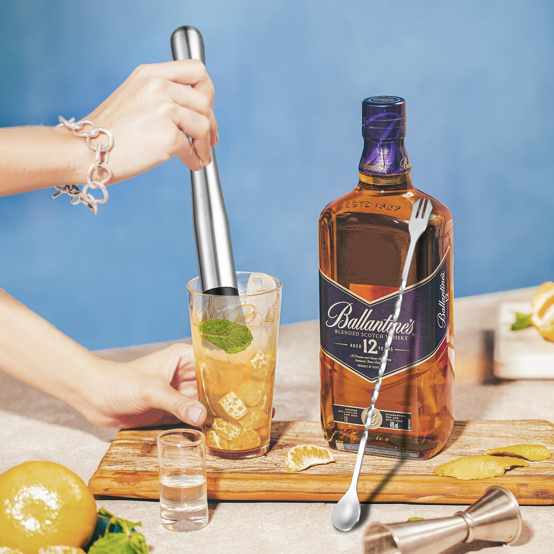 Professionelles Cocktail Set (6-teilig), Edelstahl Stampfer, Cocktail Stössel,Barlöffel Lang,messbec