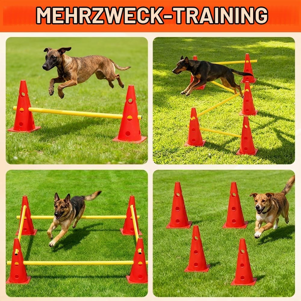 Steckhürdenset, Agility Set Hunde mit 8 Kegel(32cm) + 4 Stangen(80cm), Cavaletti Hund für Koordinati