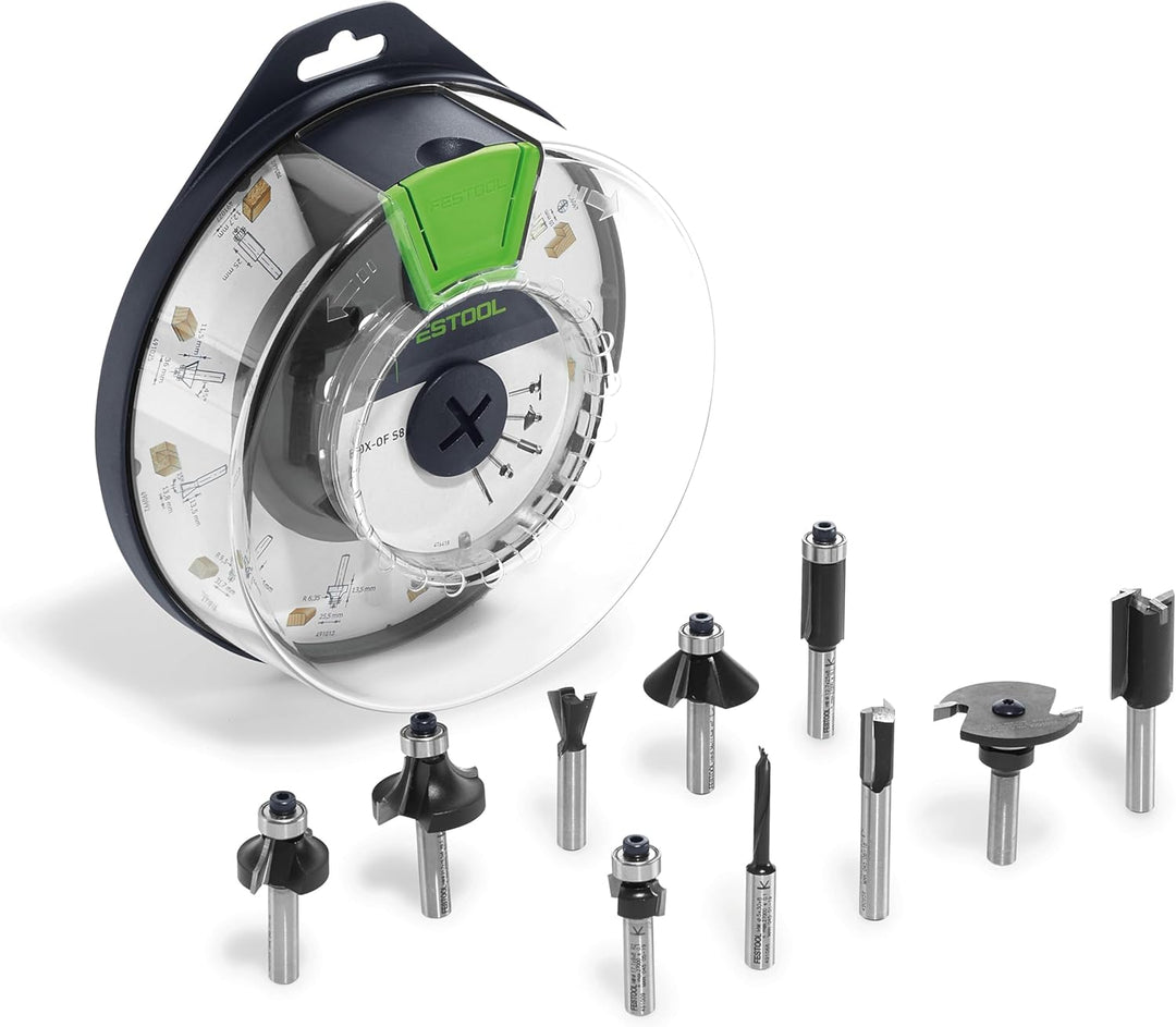 Festool Fräserbox Box-OF HW S8 Mix (mit Bündigfräser, Dübelbohrer, Nutfräser mit Bohrschneider, Abru