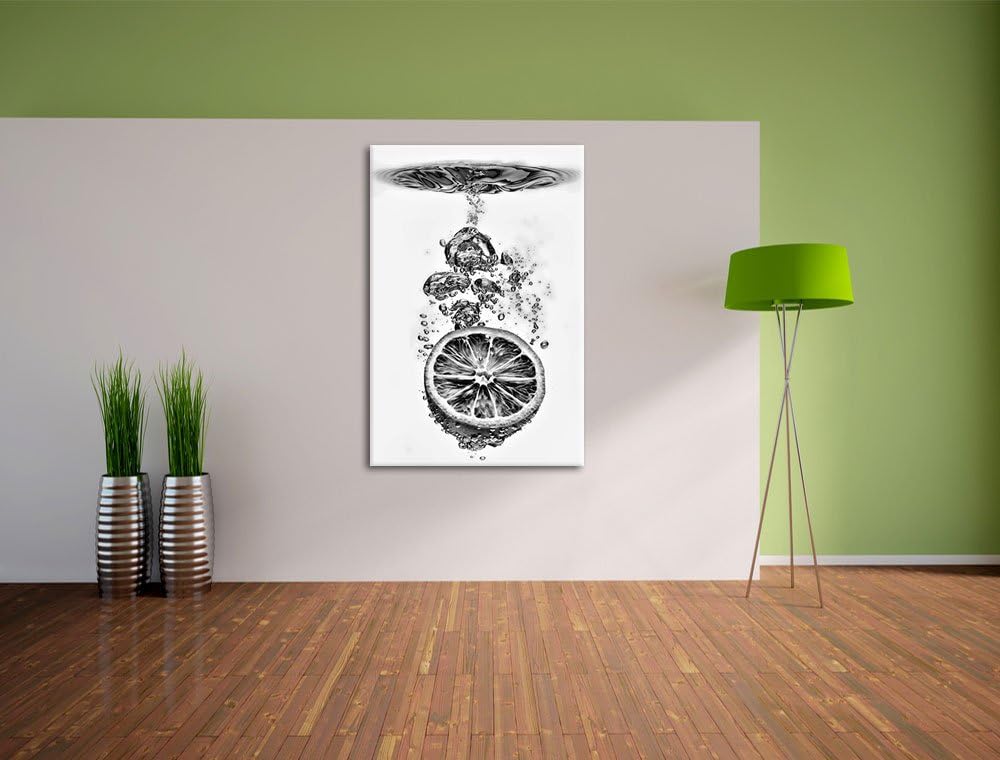 Pixxprint Monocrome, Zitrone im Wasserregen, Format: 100x70 auf Leinwand, riesige Bilder fertig gera