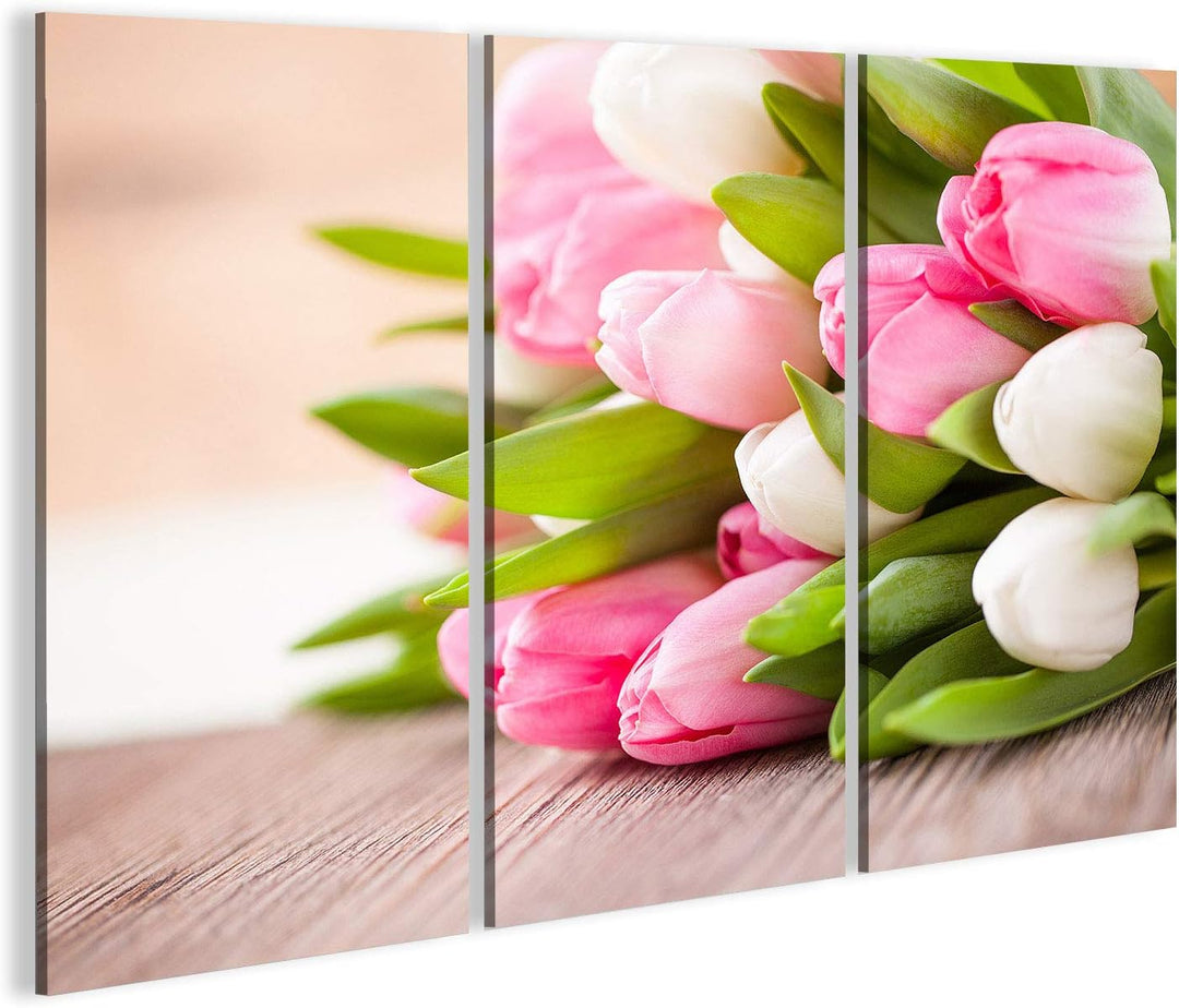 islandburner Bild auf Leinwand Strauss Tulpen Rosa Weiss Auf Tisch Bilder Wandbilder Poster Leinwand