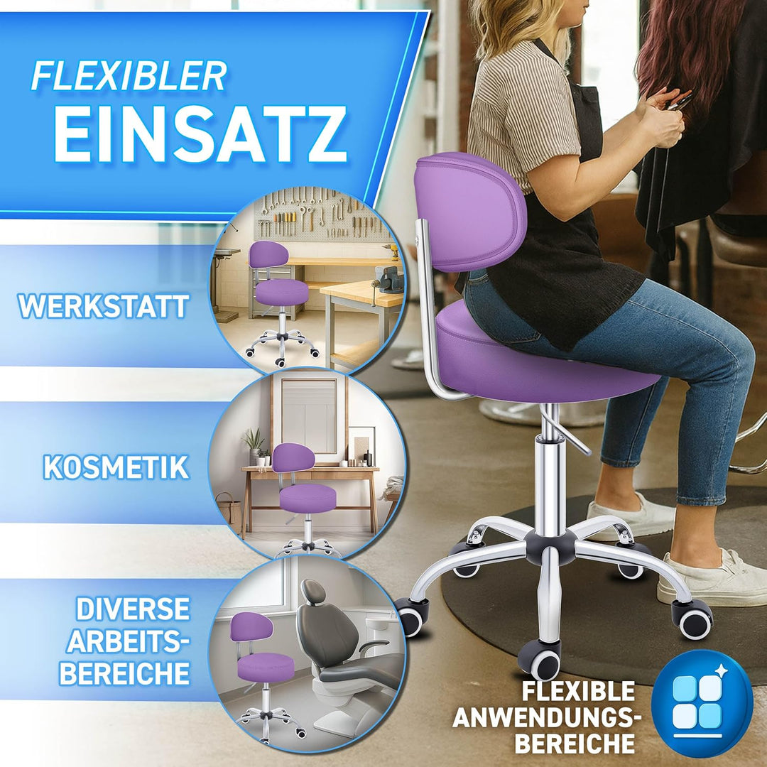 TRESKO® Rollhocker mit Lehne höhenverstellbar 10cm Dicke Polsterung Drehbar | Hocker 46-58cm | Arbei