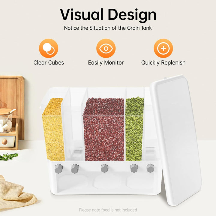 Food Rice Dispenser, 5-Grid 10kg Cereal Storage Container Küche Wall Mount Dry Food Dispenser Weiss