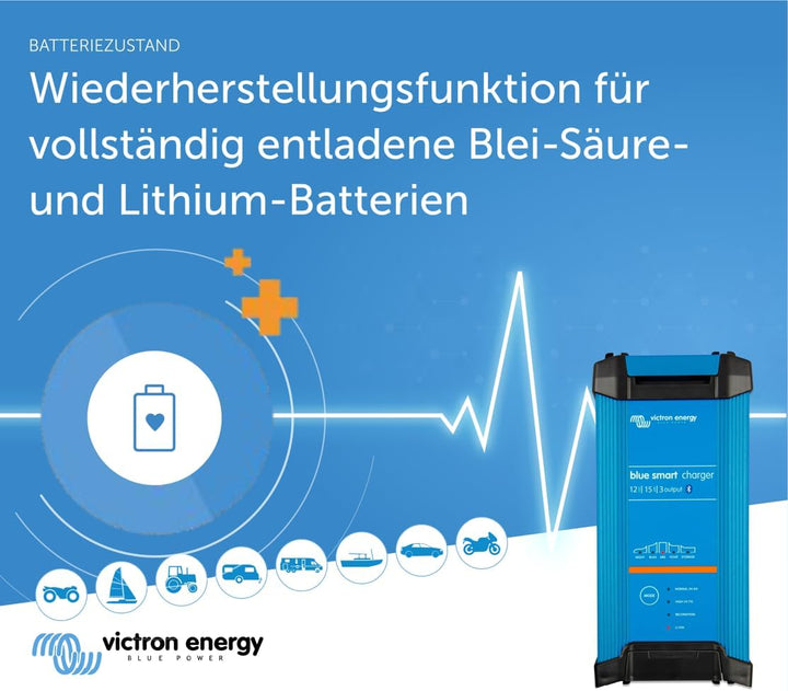 Victron Energy Blue Smart IP22 12-Volt 15 Ampere 230V, 3 Ausgang Ladegerät CEE 7/7, Bluetooth STANDA