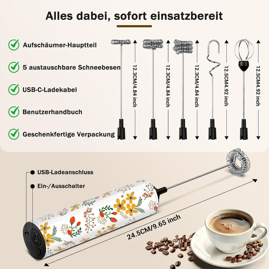Milchschäumer Elektrisch USB-C mit 5 Wechselbaren Edelstahl-Schneebesen–2 Einstellbare Geschwindigke